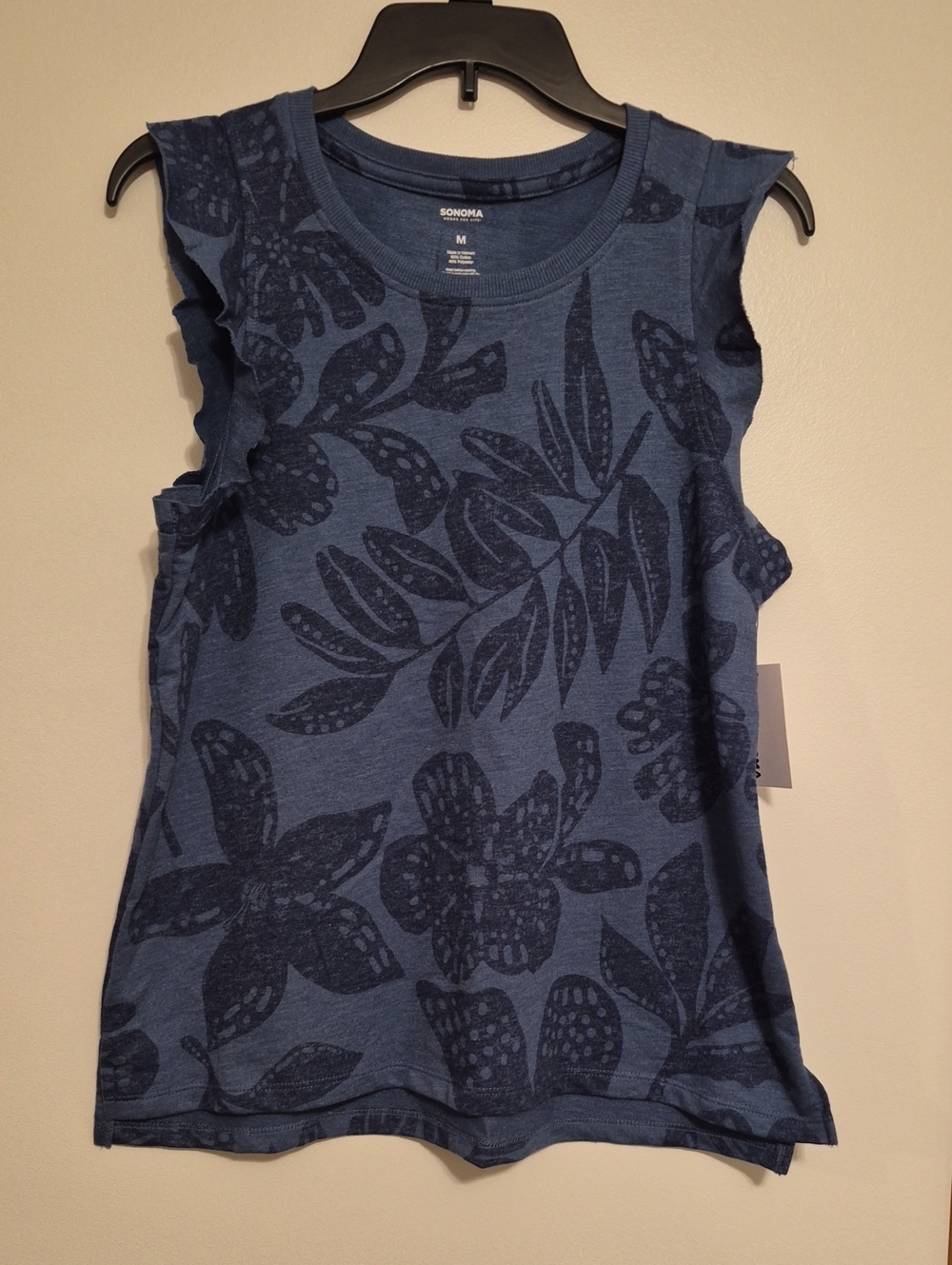 NWT Sonoma Navy Blue Floral Ruffle Sleeve Tank Top SZ M